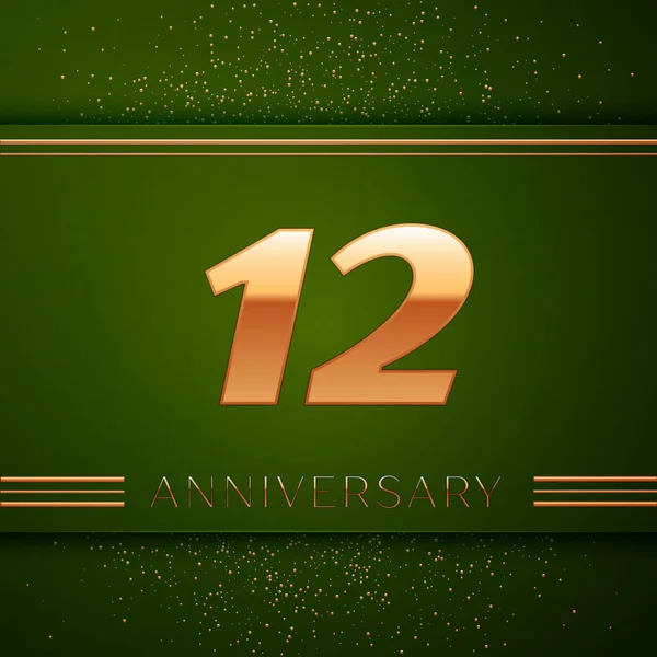 Logotipo realista de la celebración del aniversario de doce años. Números dorados y confeti dorado sobre fondo verde. Coloridos elementos de plantilla Vector para su fiesta de cumpleaños — Vector de stock