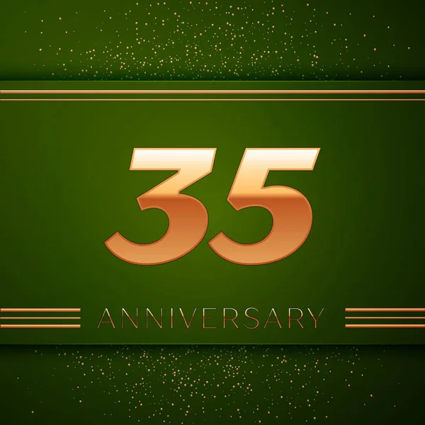 Realistiska trettio fem år Anniversary Celebration Logotype. Gyllene nummer och gyllene konfetti på grön bakgrund. Färgglada Vector mall-element för din födelsedagsfest — Stock vektor