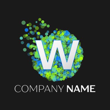Gerçekçi mektup W logo ile mavi, yeşil, sarı parçacıklar ve kabarcık nokta siyah arka plan üzerine bir dairede. Tasarımınız için vektör şablonu