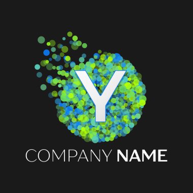 Gerçekçi mektup Y logosu ile mavi, yeşil, sarı parçacıklar ve kabarcık nokta siyah arka plan üzerine bir dairede. Tasarımınız için vektör şablonu