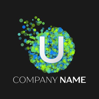 Gerçekçi harf U logosu ile mavi, yeşil, sarı parçacıklar ve kabarcık nokta siyah arka plan üzerine bir dairede. Tasarımınız için vektör şablonu