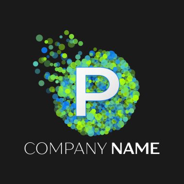 Gerçekçi mektup P logo ile mavi, yeşil, sarı parçacıklar ve kabarcık nokta siyah arka plan üzerine bir dairede. Tasarımınız için vektör şablonu