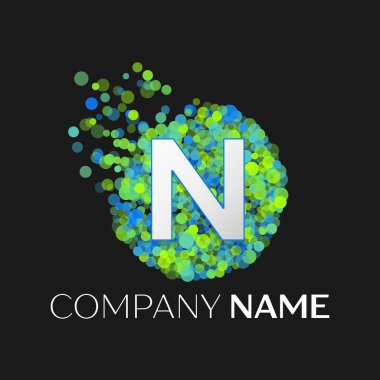 Gerçekçi harf N logosu ile mavi, yeşil, sarı parçacıklar ve kabarcık nokta siyah arka plan üzerine bir dairede. Tasarımınız için vektör şablonu