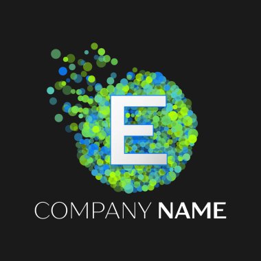 Gerçekçi harf E logosu ile mavi, yeşil, sarı parçacıklar ve kabarcık nokta siyah arka plan üzerine bir dairede. Tasarımınız için vektör şablonu