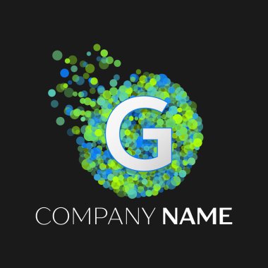 Gerçekçi mektup G logosu ile mavi, yeşil, sarı parçacıklar ve kabarcık nokta siyah arka plan üzerine bir dairede. Tasarımınız için vektör şablonu