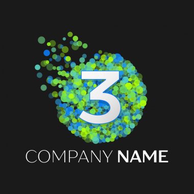 Gerçekçi üç logosu mavi, yeşil, sarı parçacıkları ile numara ve siyah arka plan üzerine daire içinde nokta kabarcık. Tasarımınız için vektör şablonu