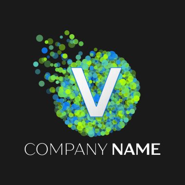 Gerçekçi harf V logosu ile mavi, yeşil, sarı parçacıklar ve kabarcık nokta siyah arka plan üzerine bir dairede. Tasarımınız için vektör şablonu