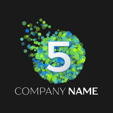 Gerçekçi beş logosu mavi, yeşil, sarı parçacıkları ile numara ve siyah arka plan üzerine daire içinde nokta kabarcık. Tasarımınız için vektör şablonu