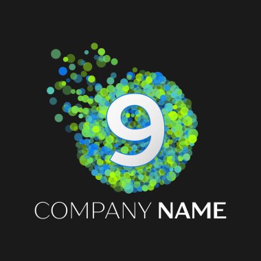 Gerçekçi dokuz logosu mavi, yeşil, sarı parçacıkları ile numara ve siyah arka plan üzerine daire içinde nokta kabarcık. Tasarımınız için vektör şablonu