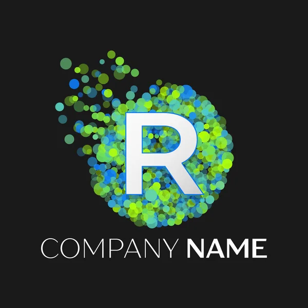 Realistic Letter R logo with blue, green, yellow particles and bubble dots in circle on black background. Vector template for your design — Stock Vector