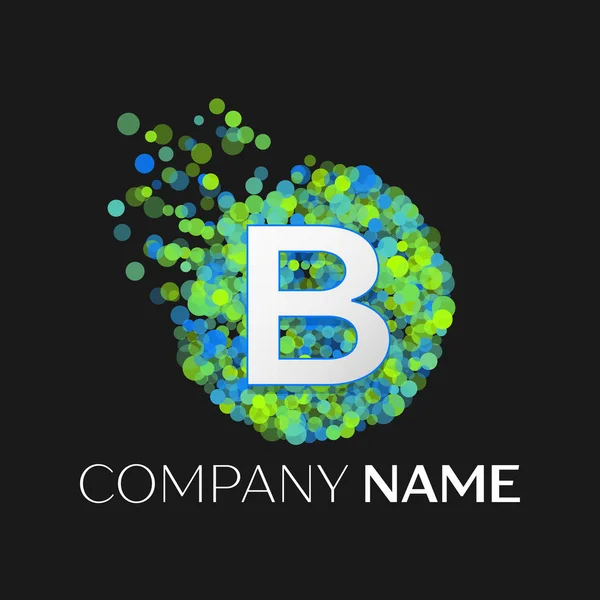Logotipo da letra B realista com partículas azuis, verdes, amarelas e pontos de bolha em círculo sobre fundo preto. Modelo de vetor para o seu projeto —  Vetores de Stock