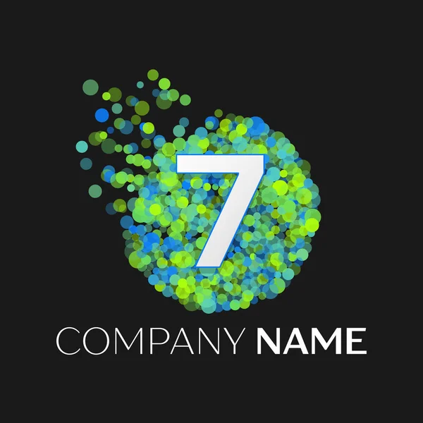 Realistic Number seven logo with blue, green, yellow particles and bubble dots in circle on black background. Vector template for your design — Stock Vector