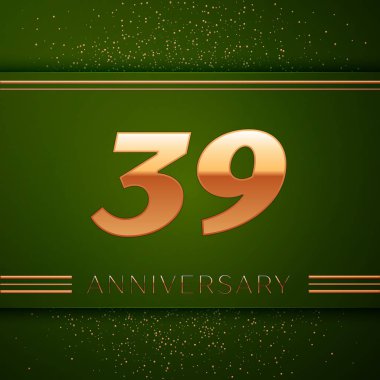 Gerçekçi otuz dokuz yıl yıldönümü kutlama logo. Golden numaraları ve yeşil zemin üzerine altın konfeti. Doğum günü partin için renkli vektör şablon öğeleri
