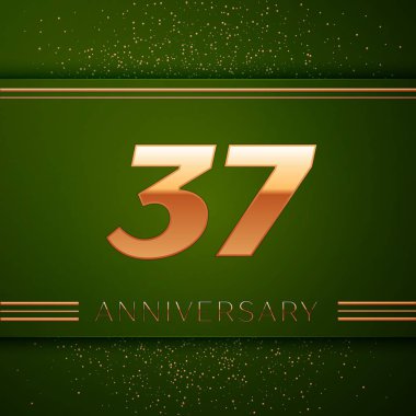 Gerçekçi otuz yedi yıl yıldönümü kutlama logo. Golden numaraları ve yeşil zemin üzerine altın konfeti. Doğum günü partin için renkli vektör şablon öğeleri