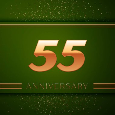Gerçekçi elli beş yıl yıldönümü kutlama logo. Golden numaraları ve yeşil zemin üzerine altın konfeti. Doğum günü partin için renkli vektör şablon öğeleri