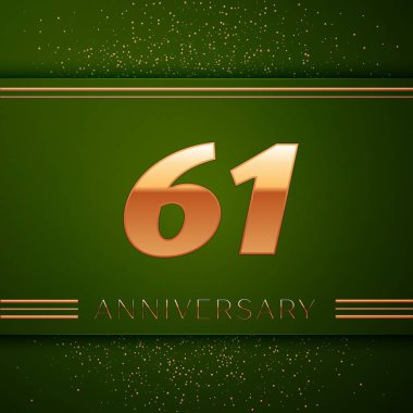 Gerçekçi altmış bir yıl yıldönümü kutlama logo. Golden numaraları ve yeşil zemin üzerine altın konfeti. Doğum günü partin için renkli vektör şablon öğeleri