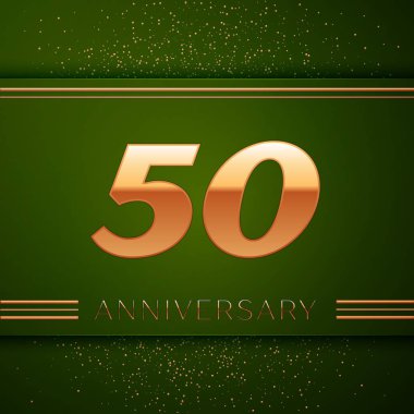 Gerçekçi elli yıl yıldönümü kutlama logo. Golden numaraları ve yeşil zemin üzerine altın konfeti. Doğum günü partin için renkli vektör şablon öğeleri