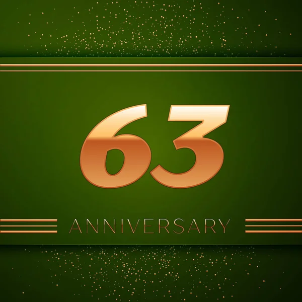Ρεαλιστική εξήντα τρία χρόνια επέτειο εορτασμού λογότυπο. Χρυσή αριθμοί και χρυσές κομφετί σε πράσινο φόντο. Πολύχρωμο διάνυσμα πρότυπο στοιχείων για το πάρτυ γενεθλίων σας — Διανυσματικό Αρχείο