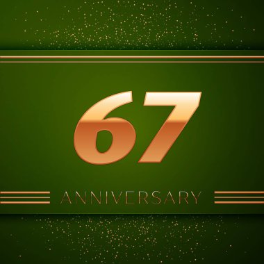 Gerçekçi altmış yedi yıl yıldönümü kutlama logo. Golden numaraları ve yeşil zemin üzerine altın konfeti. Doğum günü partin için renkli vektör şablon öğeleri