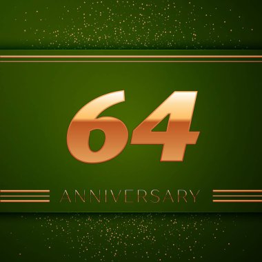 Gerçekçi altmış dört yıl yıldönümü kutlama logo. Golden numaraları ve yeşil zemin üzerine altın konfeti. Doğum günü partin için renkli vektör şablon öğeleri