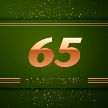 Gerçekçi altmış beş yıl yıldönümü kutlama logo. Golden numaraları ve yeşil zemin üzerine altın konfeti. Doğum günü partin için renkli vektör şablon öğeleri