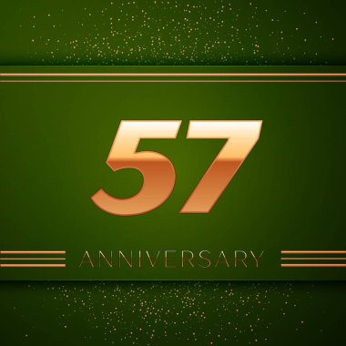 Gerçekçi elli yedi yıl yıldönümü kutlama logo. Golden numaraları ve yeşil zemin üzerine altın konfeti. Doğum günü partin için renkli vektör şablon öğeleri