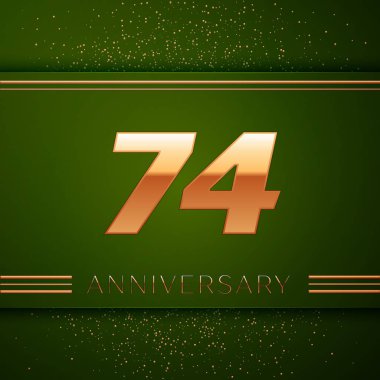 Gerçekçi Yetmiş dört yıl yıldönümü kutlama logo. Golden numaraları ve yeşil zemin üzerine altın konfeti. Doğum günü partin için renkli vektör şablon öğeleri