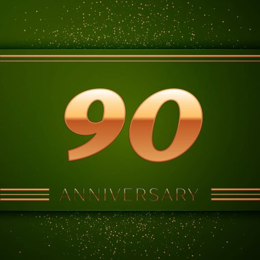 Gerçekçi doksan yıl yıldönümü kutlama logo. Golden numaraları ve yeşil zemin üzerine altın konfeti. Doğum günü partin için renkli vektör şablon öğeleri