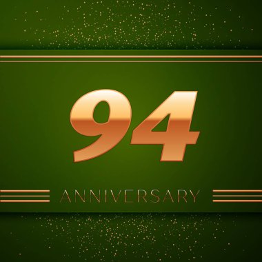 Gerçekçi Doksan dört yıl yıldönümü kutlama logo. Golden numaraları ve yeşil zemin üzerine altın konfeti. Doğum günü partin için renkli vektör şablon öğeleri