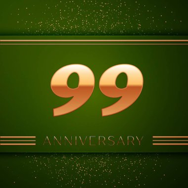 Gerçekçi doksan dokuz yıl yıldönümü kutlama logo. Golden numaraları ve yeşil zemin üzerine altın konfeti. Doğum günü partin için renkli vektör şablon öğeleri