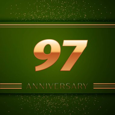 Gerçekçi doksan yedi yıl yıldönümü kutlama logo. Golden numaraları ve yeşil zemin üzerine altın konfeti. Doğum günü partin için renkli vektör şablon öğeleri