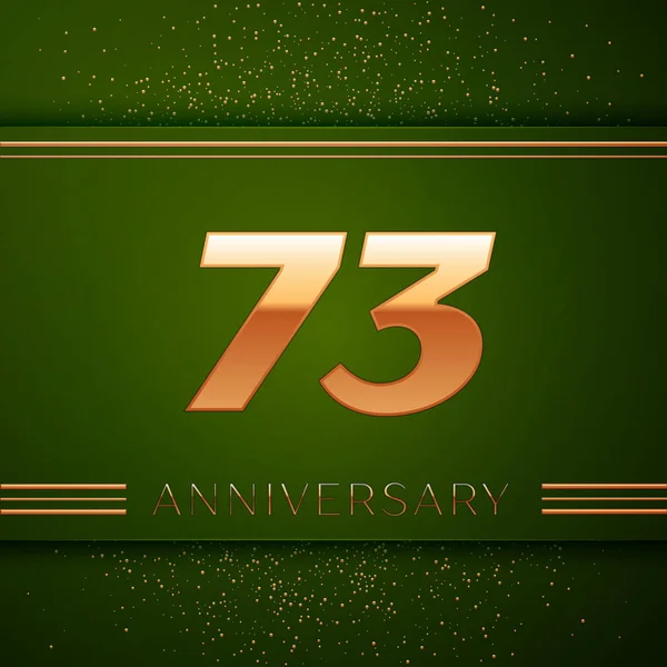 Realistic Seventy three Years Anniversary Celebration Logotype. Golden numbers and golden confetti on green background. Colorful Vector template elements for your birthday party — Stock Vector