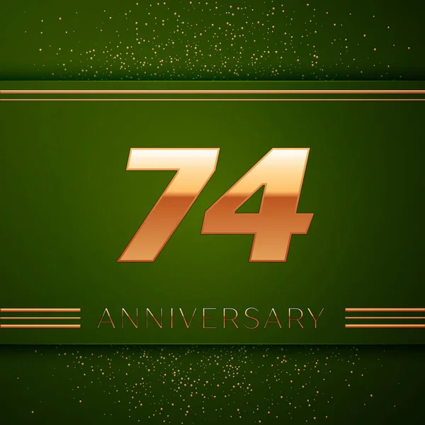 Realistic Seventy four Years Anniversary Celebration Logotype. Golden numbers and golden confetti on green background. Colorful Vector template elements for your birthday party — Stock Vector