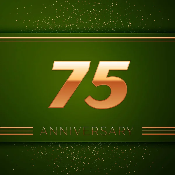 現実的な 70 5 年記念日お祝いロゴタイプ。ゴールデンの数字と緑の背景に金色の紙吹雪。あなたの誕生日パーティーのためのカラフルなベクトル テンプレート要素 — ストックベクタ