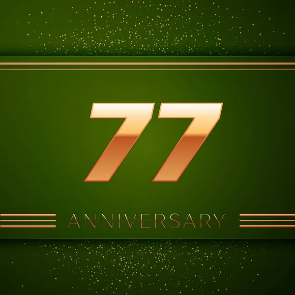 Realistic Seventy seven Years Anniversary Celebration Logotype. Golden numbers and golden confetti on green background. Colorful Vector template elements for your birthday party — Stock Vector