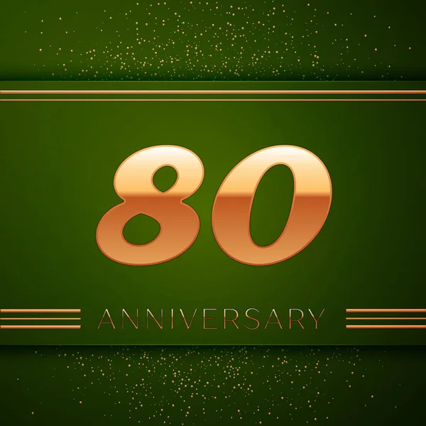 現実的な 80 年記念日のお祝いのロゴタイプ。ゴールデンの数字と緑の背景に金色の紙吹雪。あなたの誕生日パーティーのためのカラフルなベクトル テンプレート要素 — ストックベクタ