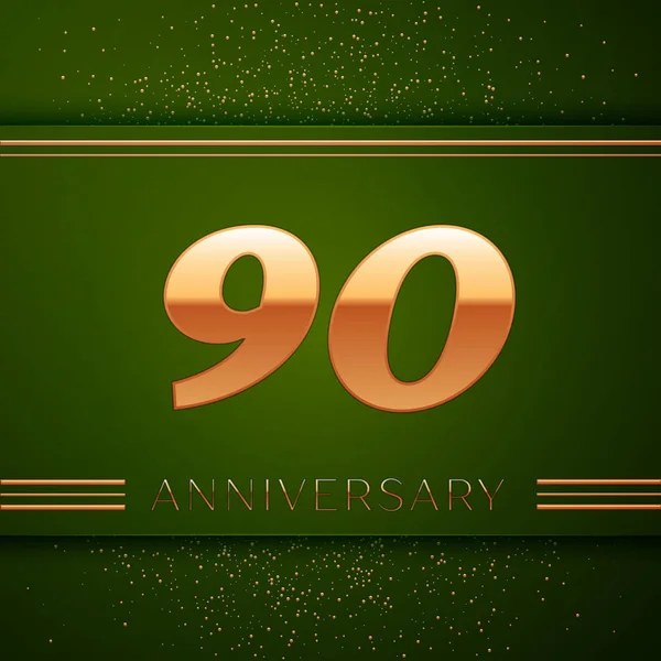 Gerçekçi doksan yıl yıldönümü kutlama logo. Golden numaraları ve yeşil zemin üzerine altın konfeti. Doğum günü partin için renkli vektör şablon öğeleri