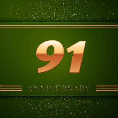 Gerçekçi doksan bir yıl yıldönümü kutlama logo. Golden numaraları ve yeşil zemin üzerine altın konfeti. Doğum günü partin için renkli vektör şablon öğeleri