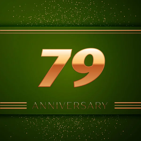 Realistic Seventy nine Years Anniversary Celebration Logotype. Golden numbers and golden confetti on green background. Colorful Vector template elements for your birthday party — Stock Vector
