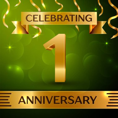 Gerçekçi bir yıl yıldönümü kutlama tasarım. Konfeti ve yeşil zemin üzerine altın şerit. Doğum günü partin için renkli vektör şablon öğeleri. Yıldönümü şerit