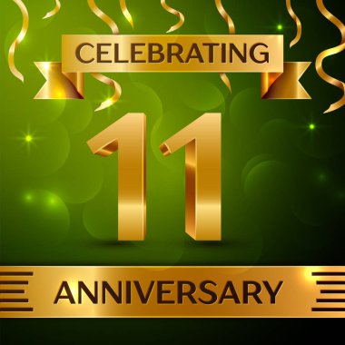 Gerçekçi on bir yıl yıldönümü kutlama tasarım. Konfeti ve yeşil zemin üzerine altın şerit. Doğum günü partin için renkli vektör şablon öğeleri. Yıldönümü şerit