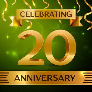 Gerçekçi yirmi yıl yıldönümü kutlama tasarım. Konfeti ve yeşil zemin üzerine altın şerit. Doğum günü partin için renkli vektör şablon öğeleri. Yıldönümü şerit