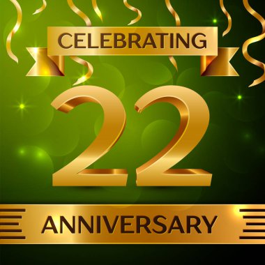 Gerçekçi yirmi iki yıl yıldönümü kutlama tasarım. Konfeti ve yeşil zemin üzerine altın şerit. Doğum günü partin için renkli vektör şablon öğeleri. Yıldönümü şerit