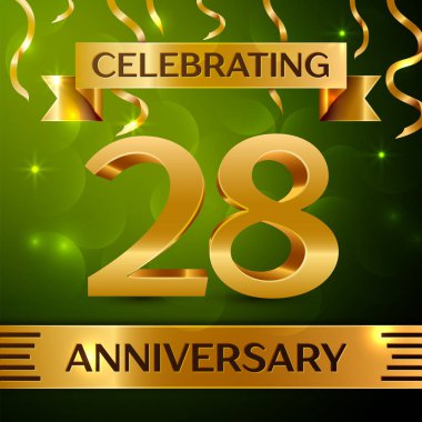 Gerçekçi yirmi sekiz yıl yıldönümü kutlama tasarım. Konfeti ve yeşil zemin üzerine altın şerit. Doğum günü partin için renkli vektör şablon öğeleri. Yıldönümü şerit