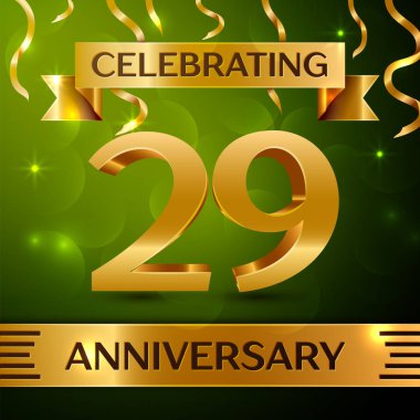 Gerçekçi yirmi dokuz yıl yıldönümü kutlama tasarım. Konfeti ve yeşil zemin üzerine altın şerit. Doğum günü partin için renkli vektör şablon öğeleri. Yıldönümü şerit