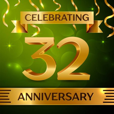 Gerçekçi otuz iki yıl yıldönümü kutlama tasarım. Konfeti ve yeşil zemin üzerine altın şerit. Doğum günü partin için renkli vektör şablon öğeleri. Yıldönümü şerit