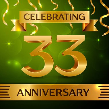 Gerçekçi otuz üç yıl yıldönümü kutlama tasarım. Konfeti ve yeşil zemin üzerine altın şerit. Doğum günü partin için renkli vektör şablon öğeleri. Yıldönümü şerit