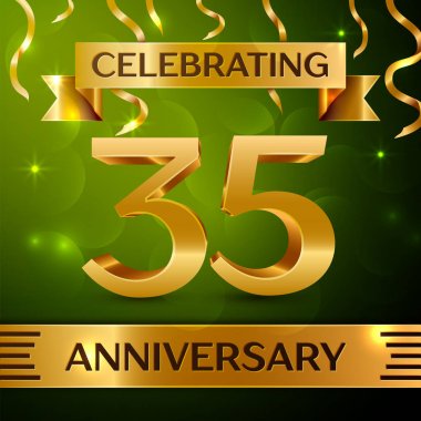 Gerçekçi otuz beş yıl yıldönümü kutlama tasarım. Konfeti ve yeşil zemin üzerine altın şerit. Doğum günü partin için renkli vektör şablon öğeleri. Yıldönümü şerit