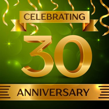 Gerçekçi otuz yıl yıldönümü kutlama tasarım. Konfeti ve yeşil zemin üzerine altın şerit. Doğum günü partin için renkli vektör şablon öğeleri. Yıldönümü şerit