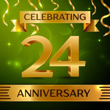 Gerçekçi yirmi dört yıl yıldönümü kutlama tasarım. Konfeti ve yeşil zemin üzerine altın şerit. Doğum günü partin için renkli vektör şablon öğeleri. Yıldönümü şerit